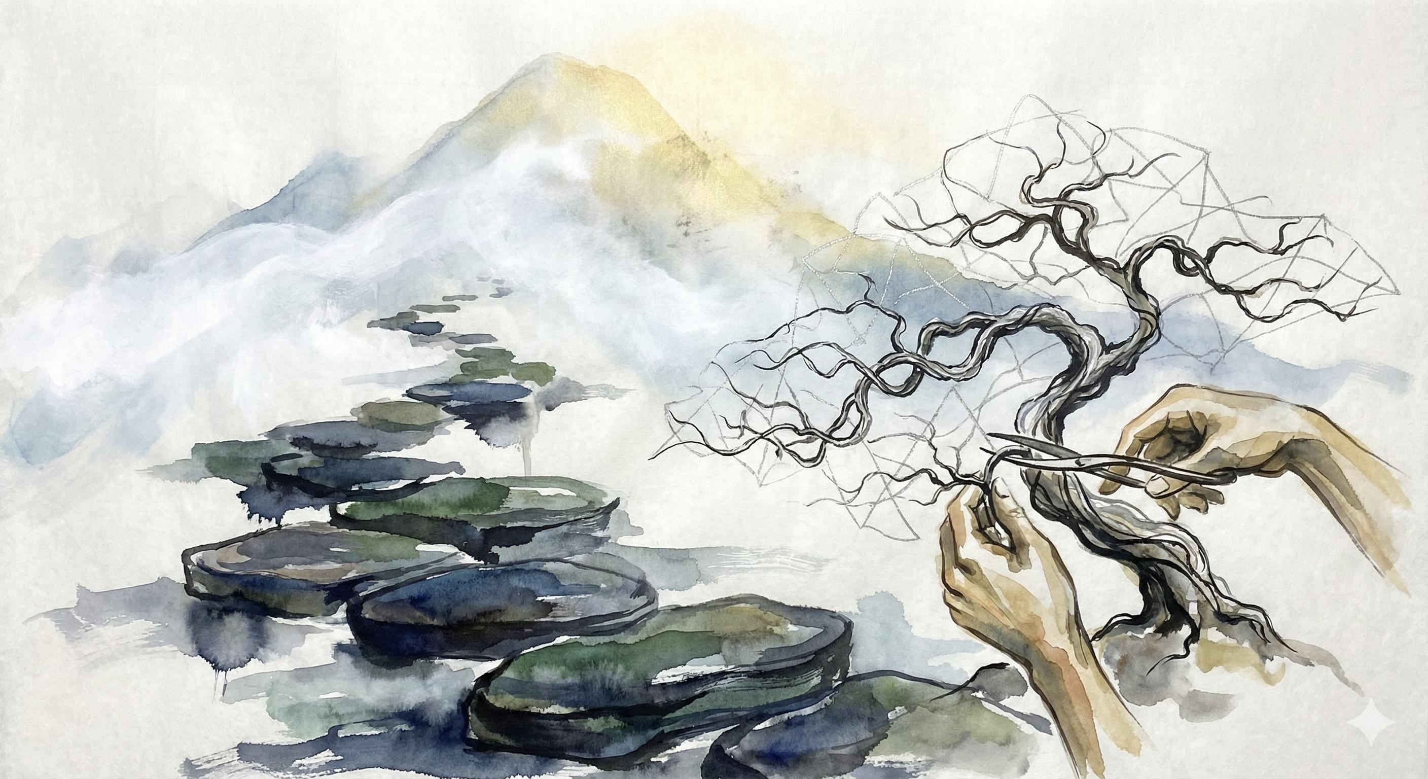 Watercolor illustration of stepping stones leading to misty mountains, with hands shaping a bonsai tree